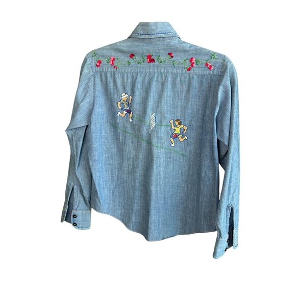Vintage 60s 70s Hand Embroidered Denim Chambray  Shirt Tennis Floral - Picture 3 of 12